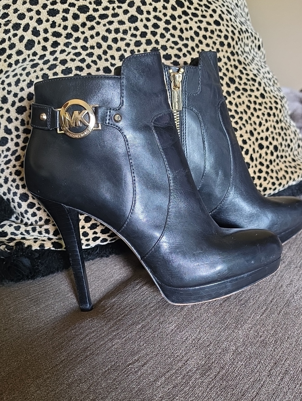 Michael Kors Black Leather High-Heel Ankle Boots with Gold MK Accent